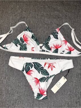 Tropical Floral Palm Triangle Bikini Set - White with Coral & Green